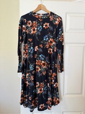 Women's Black Floral Long Sleeve Swing Dress - Blue & Orange Flower Print